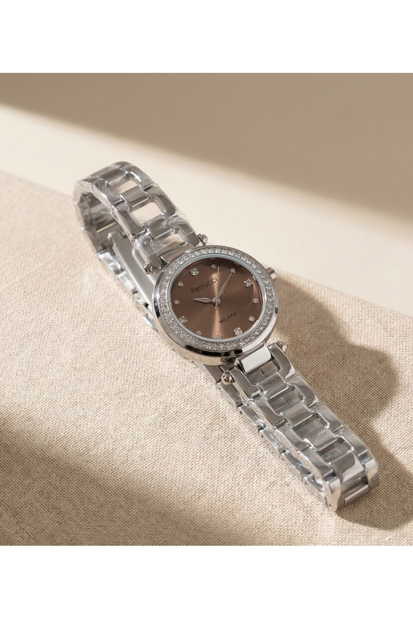 Kadın Kol Saati Kahverengi Sunray Kadran Taş Detaylı Çelik Bileklik Zarif Saat 32 mm