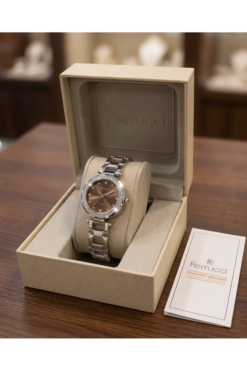 Kadın Kol Saati Kahverengi Sunray Kadran Taş Detaylı Çelik Bileklik Zarif Saat 32 mm