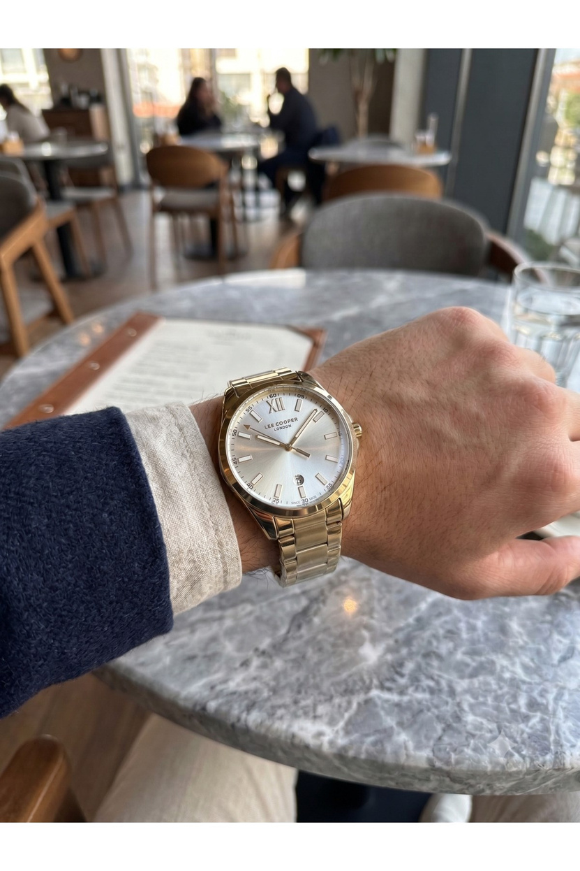 London 43 mm Büyük Kasa Erkek Kol Saati Gold Renkli Çelik Kordon Takvimli