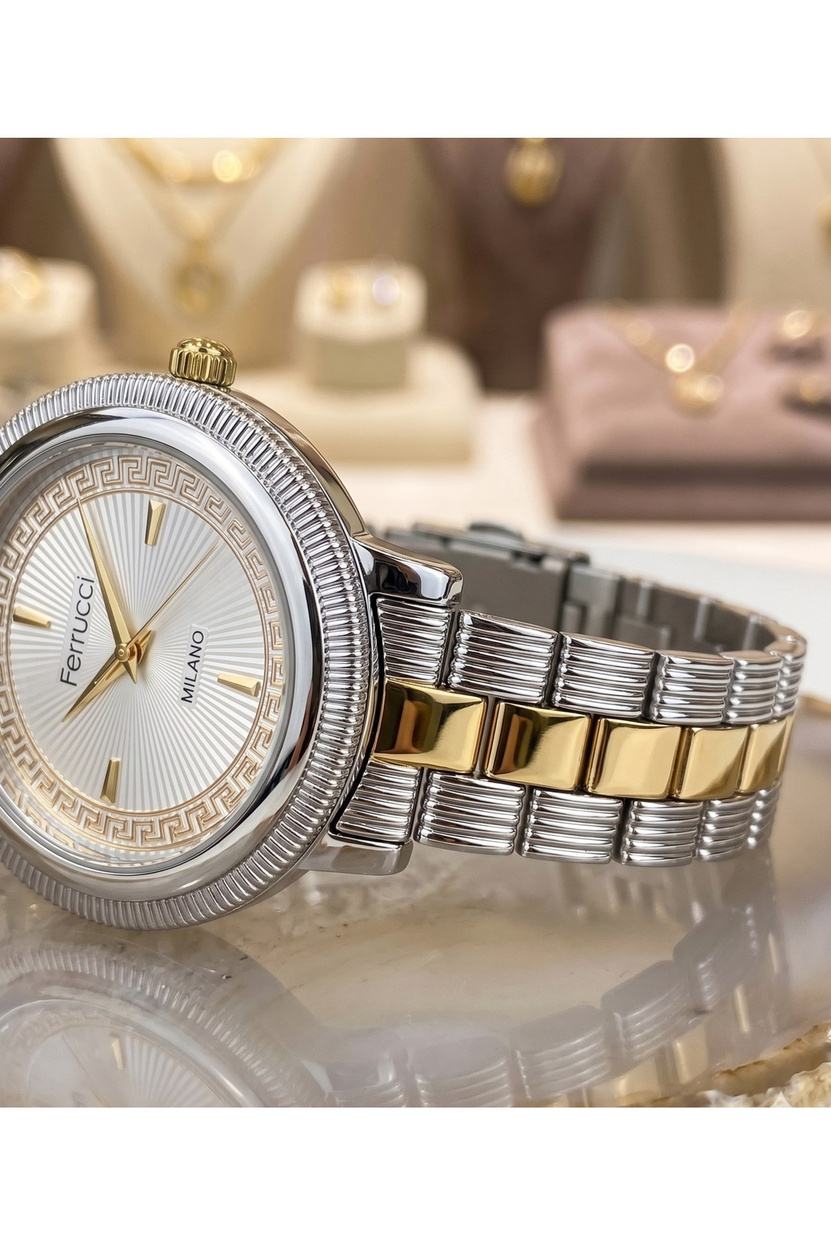 Milano 31 mm Kadın Kol Saati Gold Detaylı Gümüş Kasa Çift Renk Çelik Kordon Zarif Klasik Quartz Saat