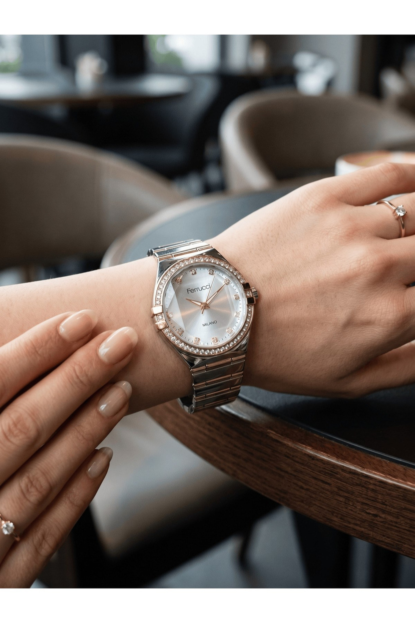 Milano 32 mm Lazer Kesim Camlı Taşlı Çift Renk Gümüş Kadran Kadın Saati