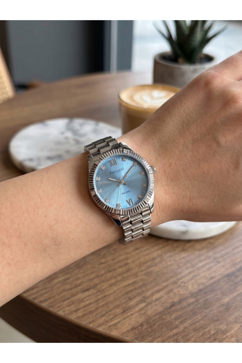 Milano 34 mm Kadın Kol Saati Mavi Kadran Taşlı Gümüş Renk Metal Kordon