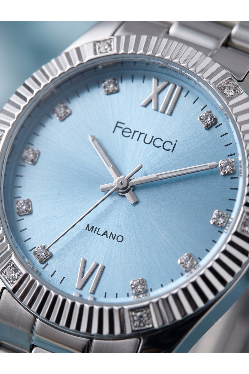 Milano 34 mm Kadın Kol Saati Mavi Kadran Taşlı Gümüş Renk Metal Kordon