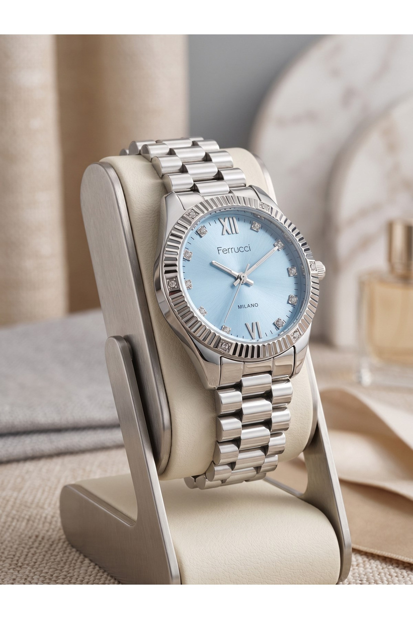 Milano 34 mm Kadın Kol Saati Mavi Kadran Taşlı Gümüş Renk Metal Kordon