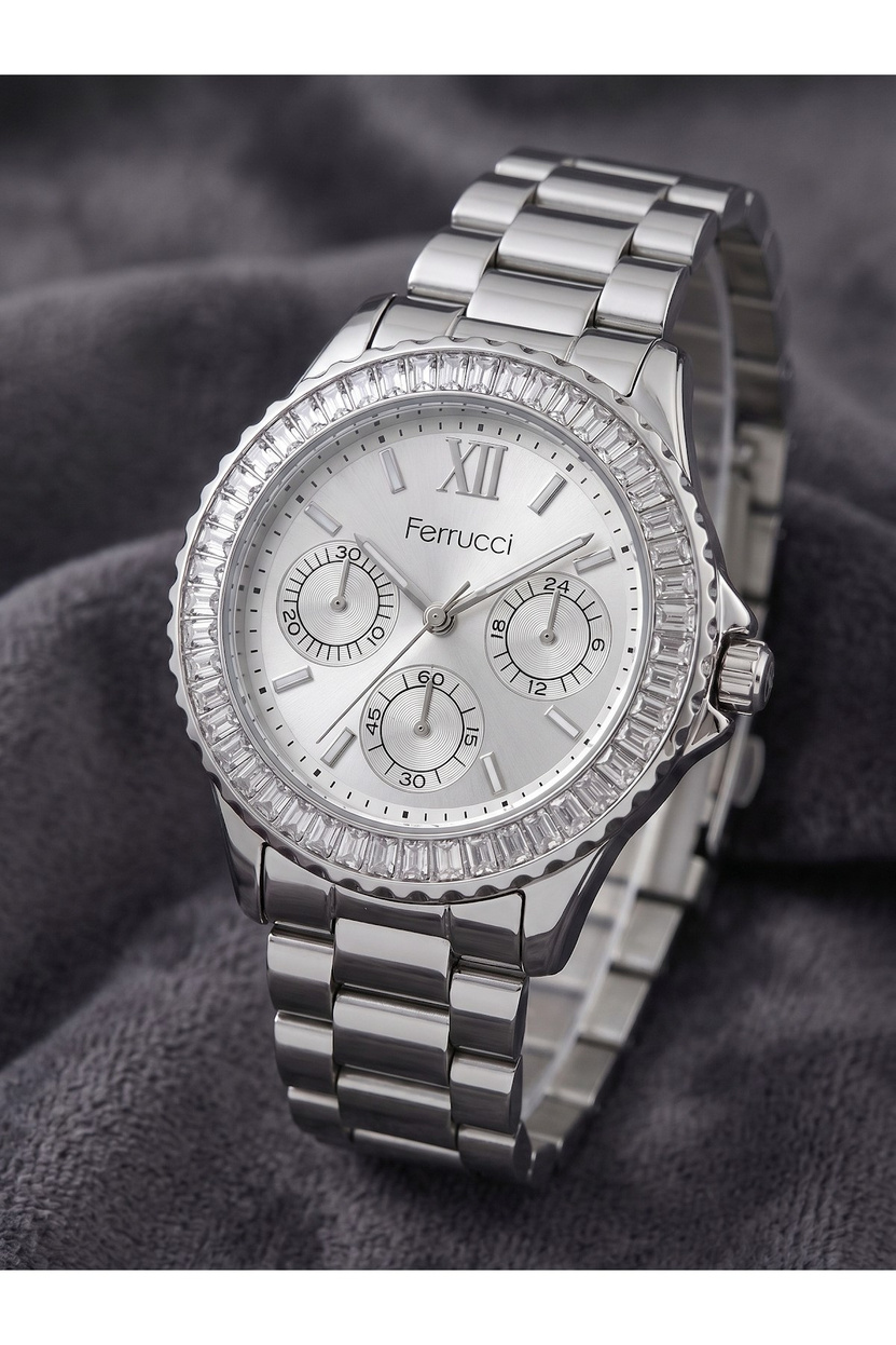 Milano 36 mm Taşlı Bezel Dekoratif Göstergeli Gümüş Kadın Saati