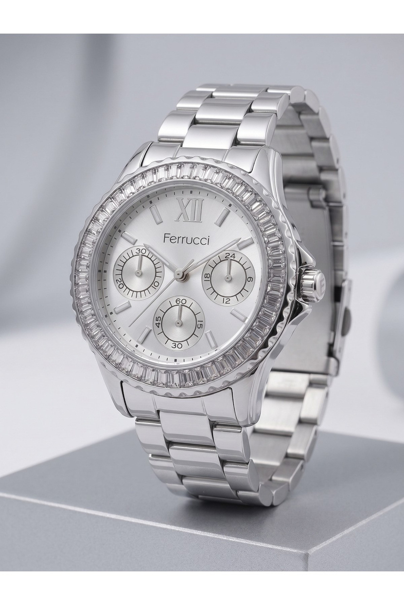 Milano 36 mm Taşlı Bezel Dekoratif Göstergeli Gümüş Kadın Saati