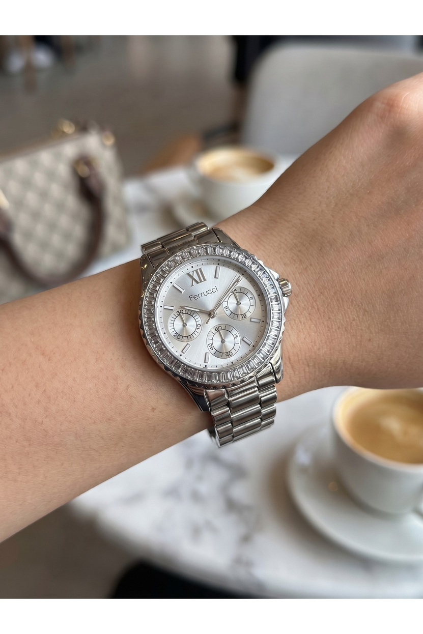 Milano 36 mm Taşlı Bezel Dekoratif Göstergeli Gümüş Kadın Saati