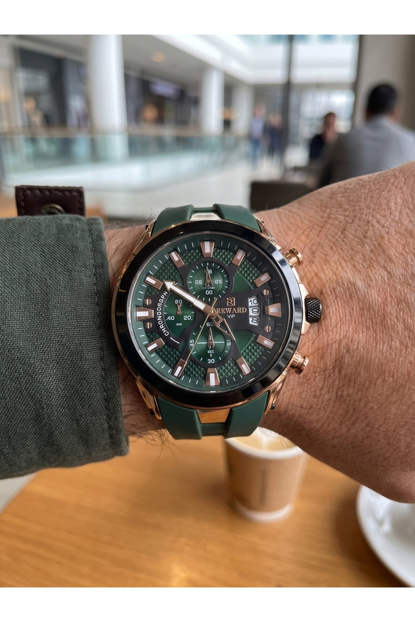 VIP Erkek Kol Saati 48 mm Bronz Ton Detaylı Yeşil Silikon Kordonlu