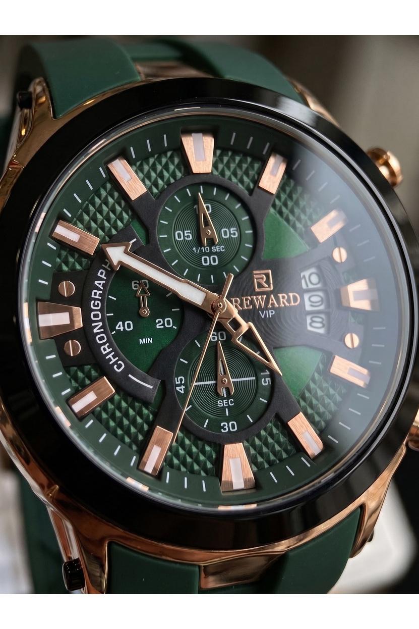 VIP Erkek Kol Saati 48 mm Bronz Ton Detaylı Yeşil Silikon Kordonlu
