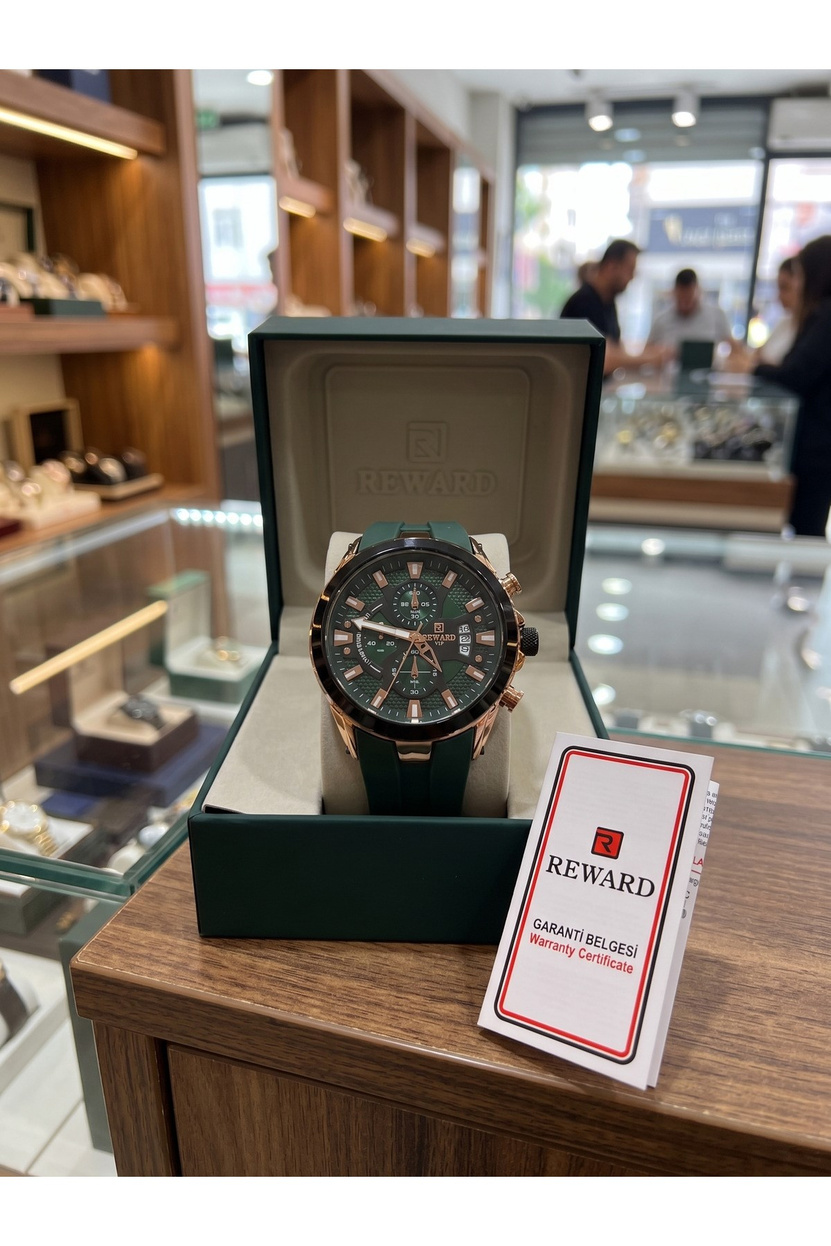 VIP Erkek Kol Saati 48 mm Bronz Ton Detaylı Yeşil Silikon Kordonlu