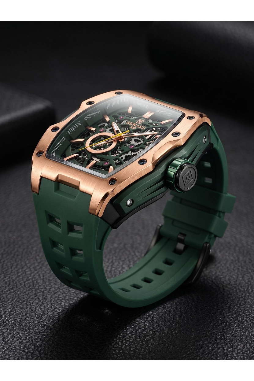 VIP Erkek Kol Saati 50 mm Otomatik Yeşil Silikon Kordon Bronz Ton Kasa