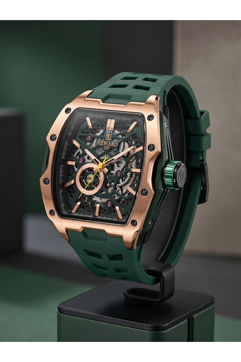 VIP Erkek Kol Saati 50 mm Otomatik Yeşil Silikon Kordon Bronz Ton Kasa