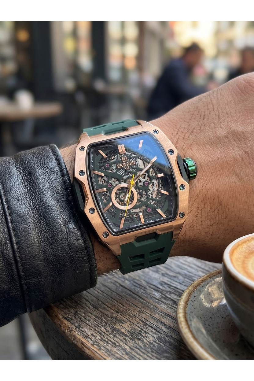 VIP Erkek Kol Saati 50 mm Otomatik Yeşil Silikon Kordon Bronz Ton Kasa