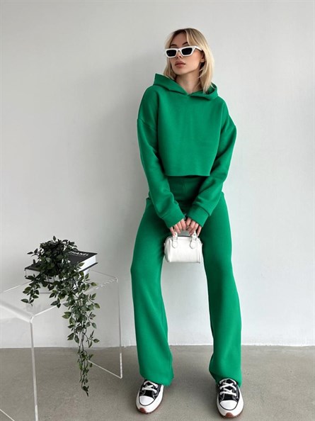 Crop Hooded Sweatshirt Palazzo Tracksuit 2 Piece Green