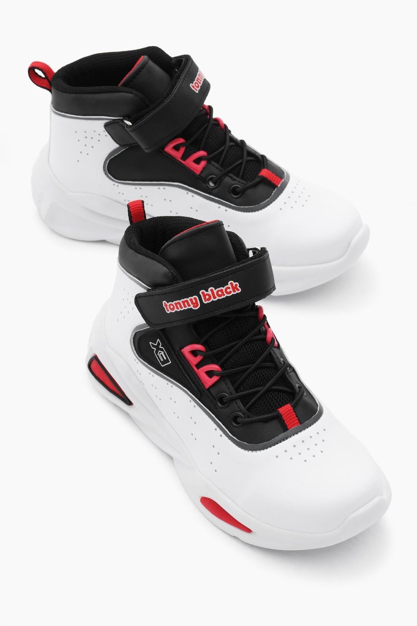 Faylon Taban Lastik Bağcıklı ve Cırtlı Çocuk Unisex Beyaz Siyah Spor Basketbol Ayakkabısı TBKMNM-100