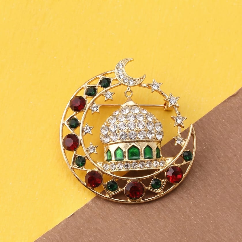 Kristal Taşlı Cami Hilal Motifli Broş