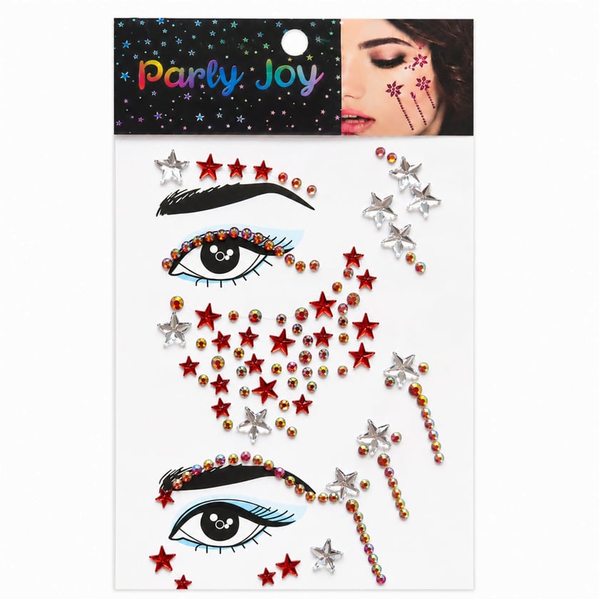 Yıldız Desenli Kırmızı Renkli Yüz Taşı Sticker Seti