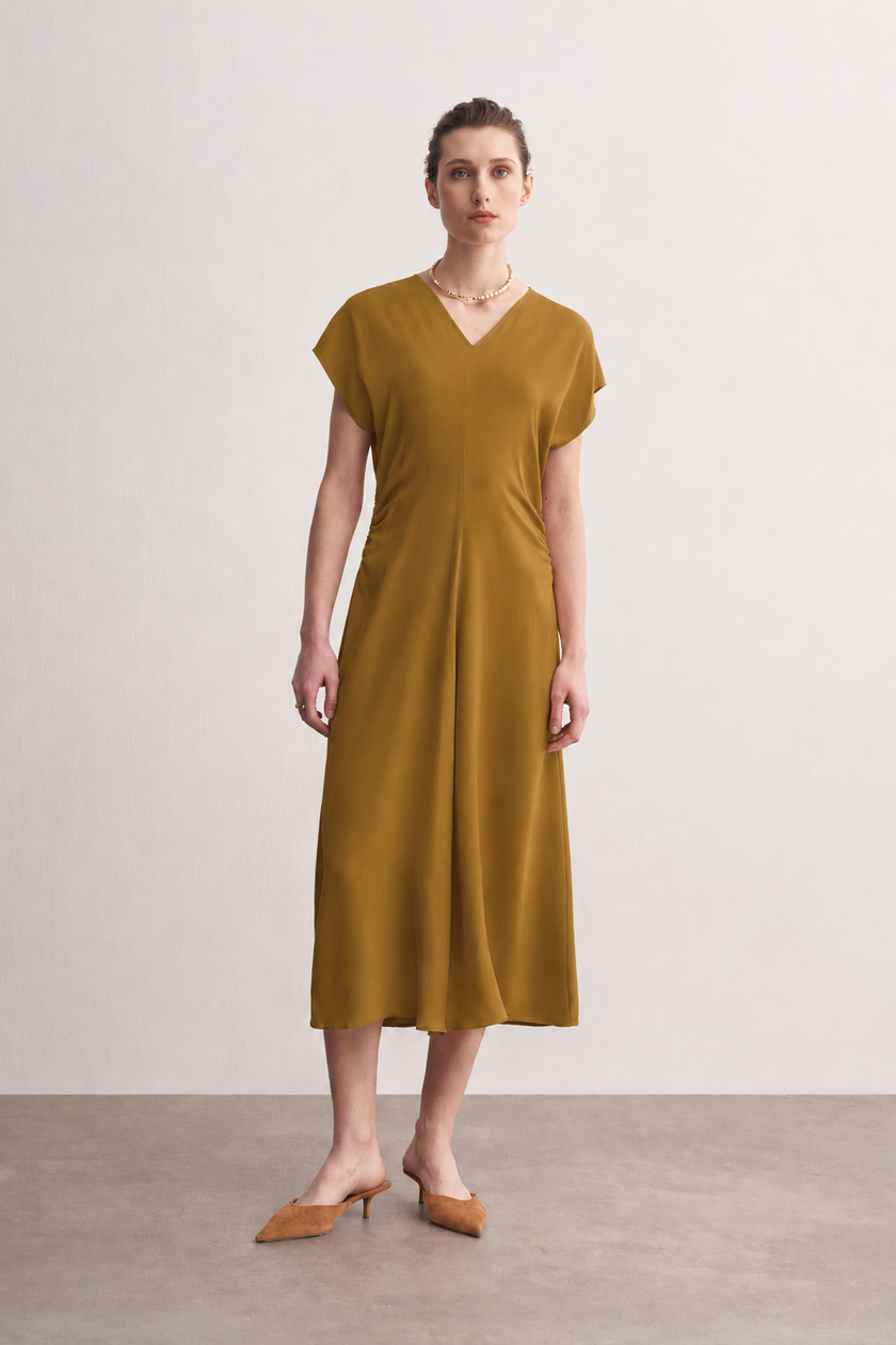 Drape Detaylı Hardal Midi Elbise