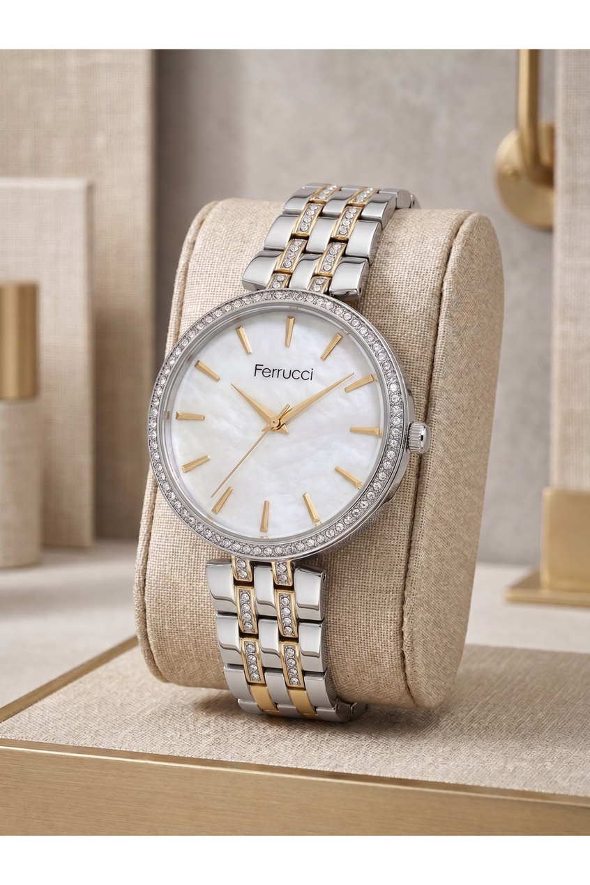 35 mm Kadın Kol Saati Çift Renk Taşlı Kadran Gold Gümüş Kordon