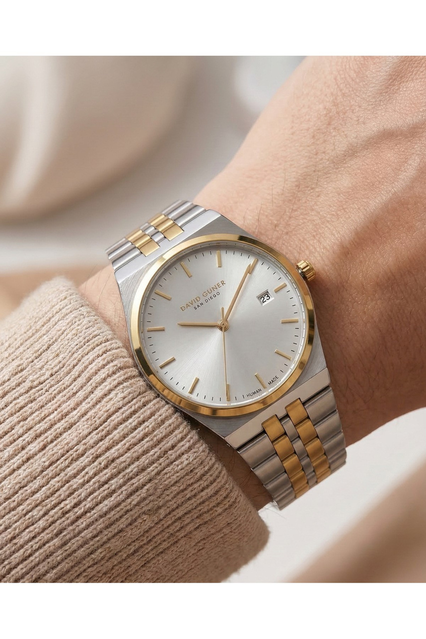 Çift Renk Çelik Kordon Gümüş-Gold Takvimli Unisex Kol Saati 37 mm Quartz