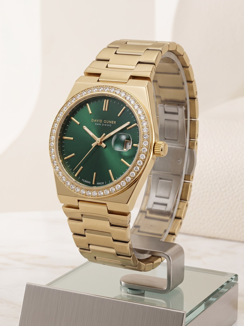 David Guner San Diego 30 mm Ekstra İnce Kadın Saat Yeşil Kadran Gold Kordon