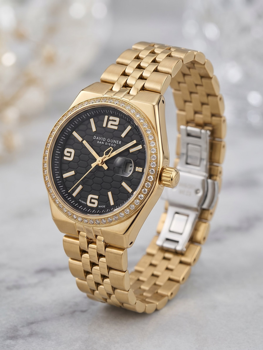 David Guner San Diego 30 mm Kadın Kol Saati Siyah Kadran Gold Renk Çelik Kordon
