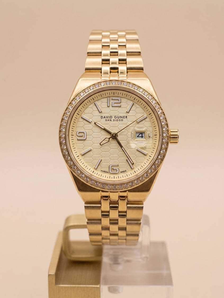 David Guner San Diego 30 mm Kadın Kol Saati Gold Kadran Taşlı Bezel Çelik Kordon