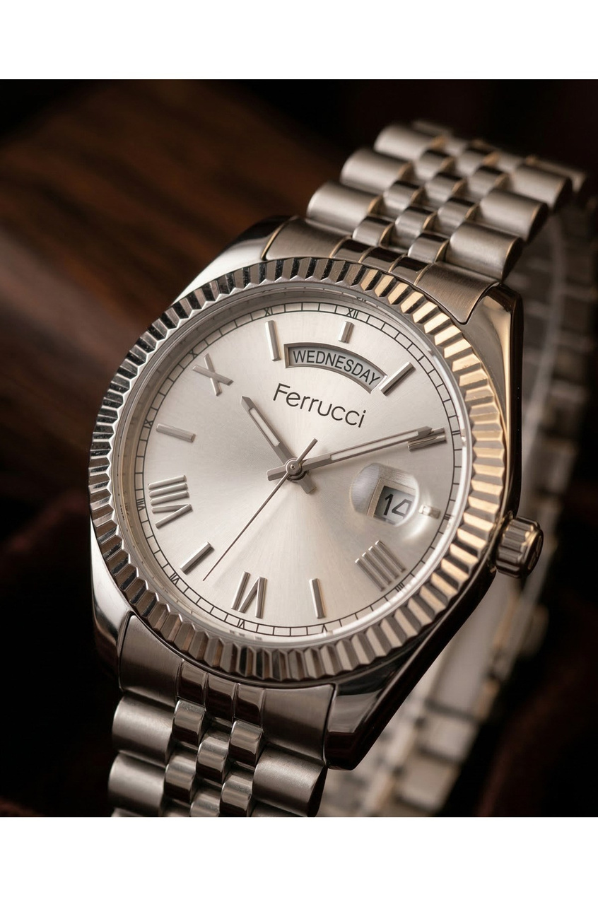 Erkek Kol Saati 41 mm Çelik Kordon Gümüş Kadran Gün Takvim Quartz Klasik Saat