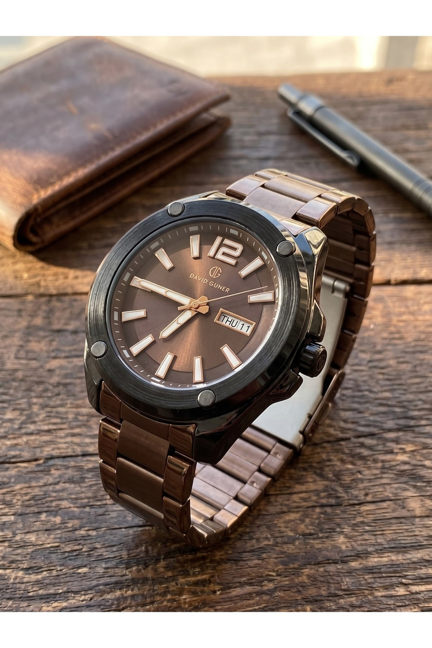 Erkek Kol Saati 42 mm Kahverengi Kadran Siyah Detaylı Çelik Kordon