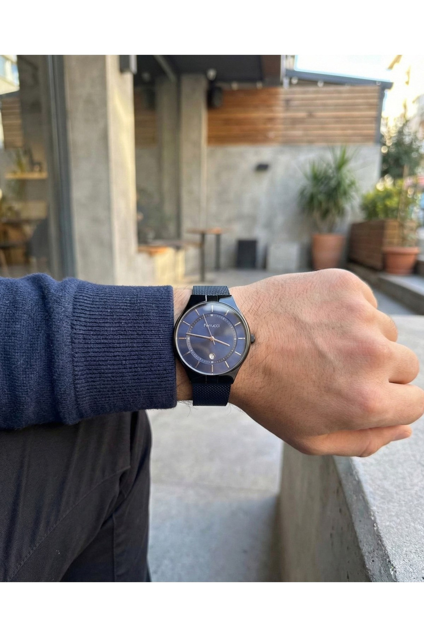 Erkek Kol Saati 42 mm Lacivert Hasır Çelik Kordon Siyah Kasa Lacivert Kadran Quartz 3 ATM