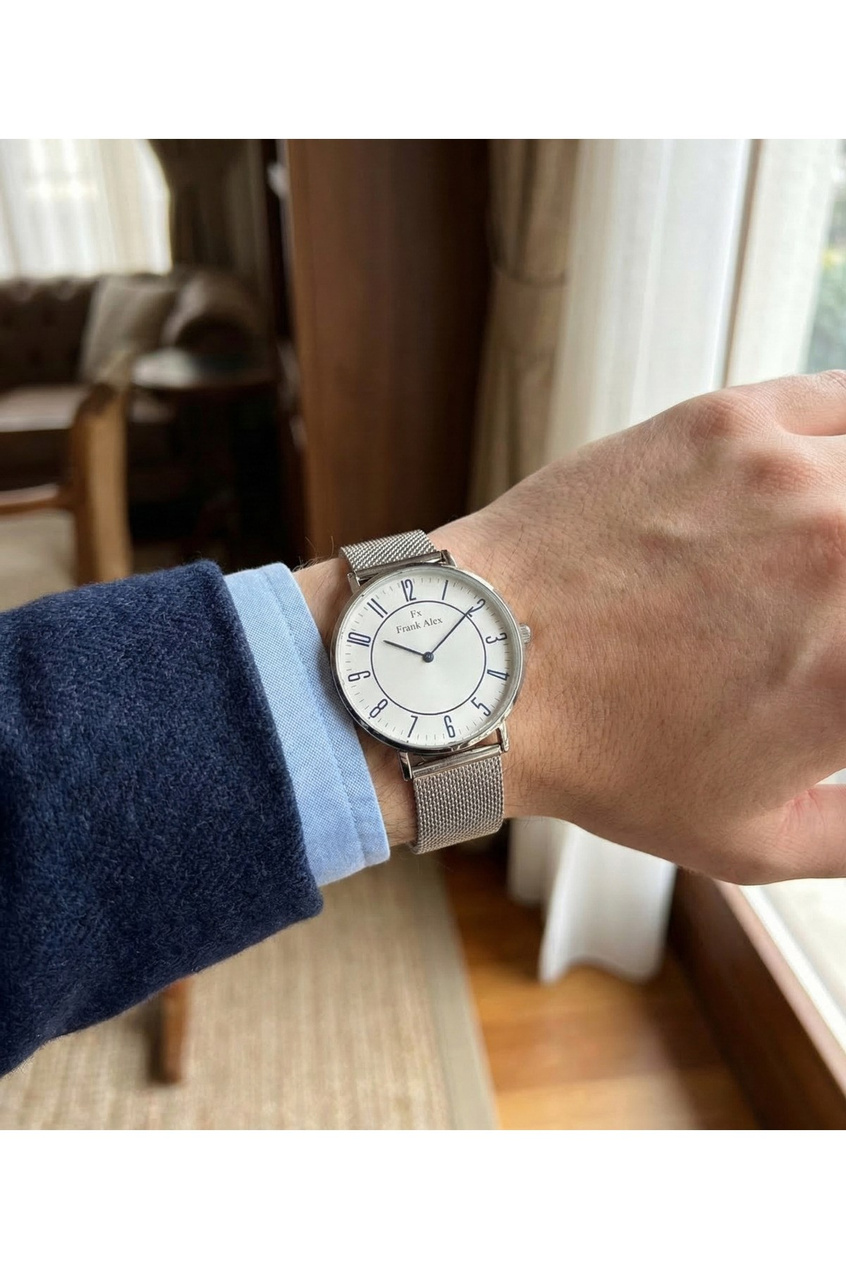 Erkek Kol Saati Beyaz Kadran Mavi Rakamlı Çelik Hasır Kordon Quartz Saat 41-45 mm