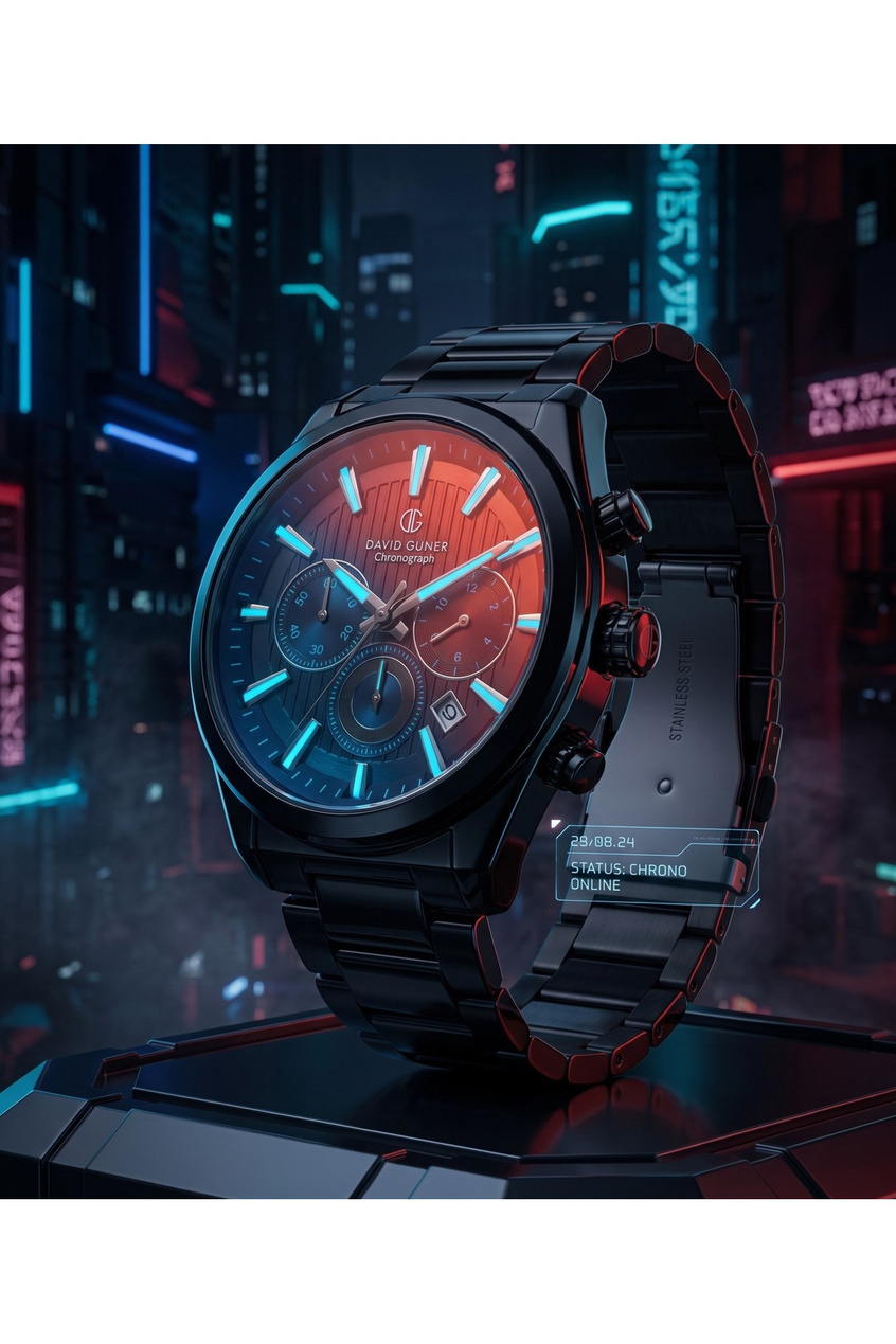 Erkek Saat 43 mm Büyük Kasa Siyah Çelik Renkli Cam Chronograph Kol Saati