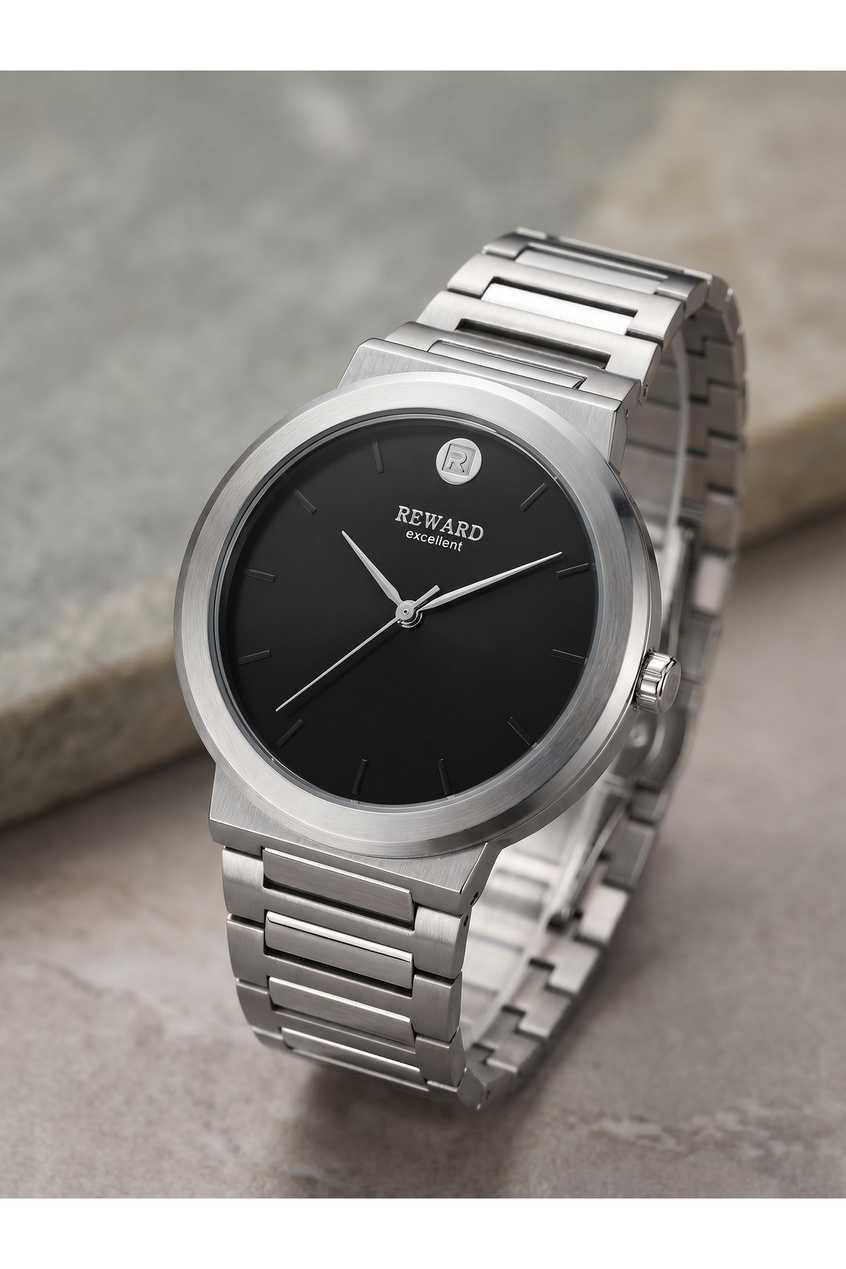 Excellent Erkek Kol Saati 41 mm Siyah Kadran Gümüş Çelik Kordon İnce Kasa 5 ATM