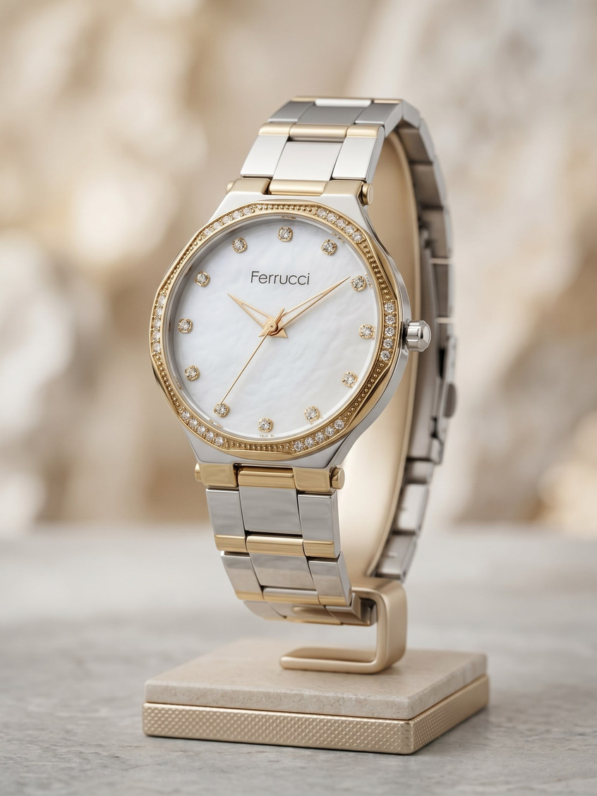 Ferrucci 36 mm Çift Renkli Çelik Taş Detaylı Sedef Kadran Kadın Kol Saati