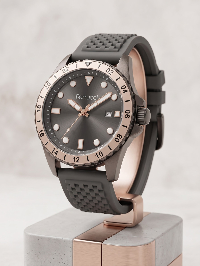 Ferrucci 43 mm Gri Kadran Gri Silikon Kordon Somon Bezel Erkek Kol Saati
