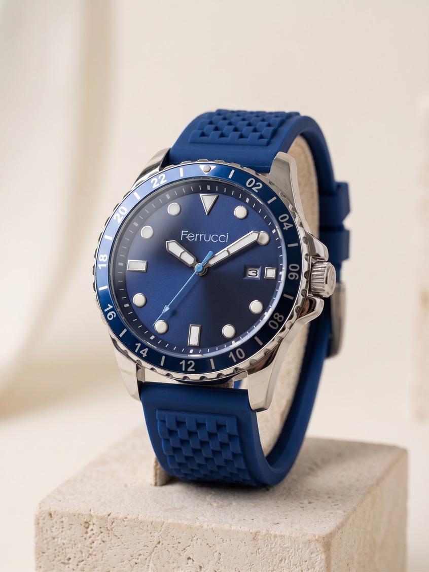 Ferrucci 43 mm Lacivert Kadran Mavi Silikon Kordon Erkek Kol Saati