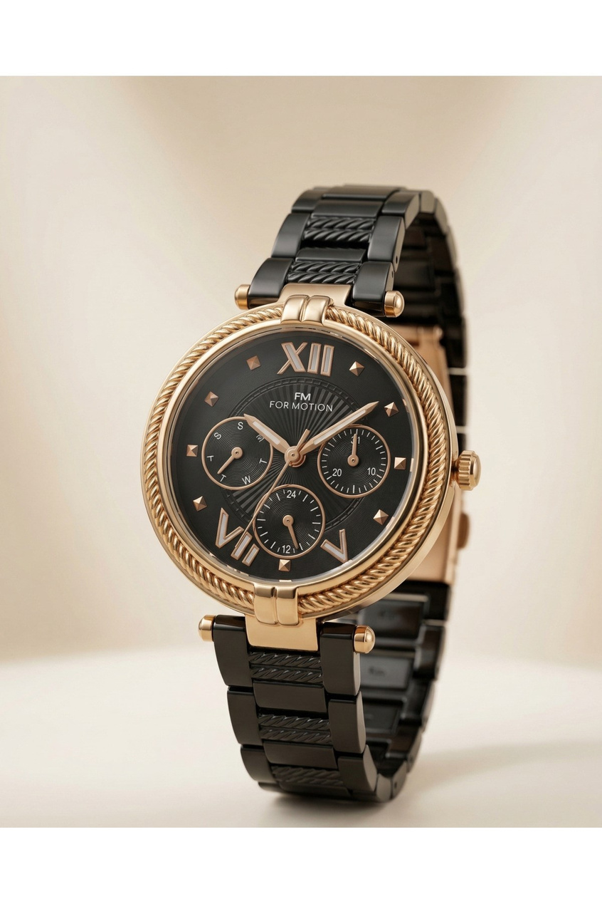 For Motion Kadın Kol Saati 33 mm Siyah Çelik Kordon Rose Gold Detay Şık Saat