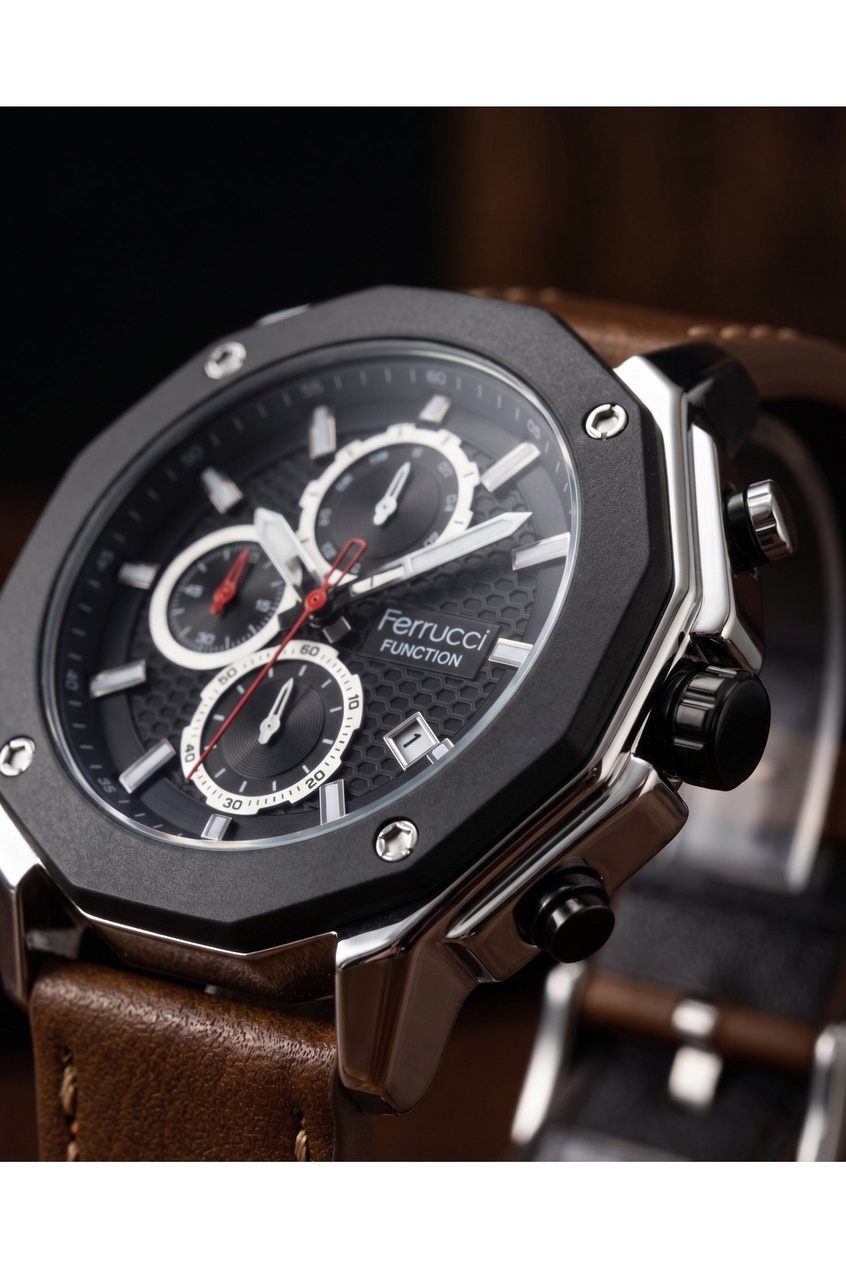 Function 43 mm Erkek Kol Saati Mat Siyah Kasa Deri Kordon Çok Fonksiyonlu Siyah Kadran Quartz Saat