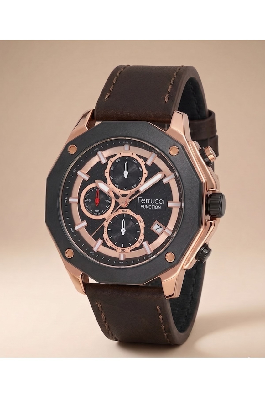Function 43 mm Erkek Kol Saati Mat Siyah Kasa Kahverengi Detaylı Kadran Deri Kordon Çok Fonksiyonlu Quartz Saat