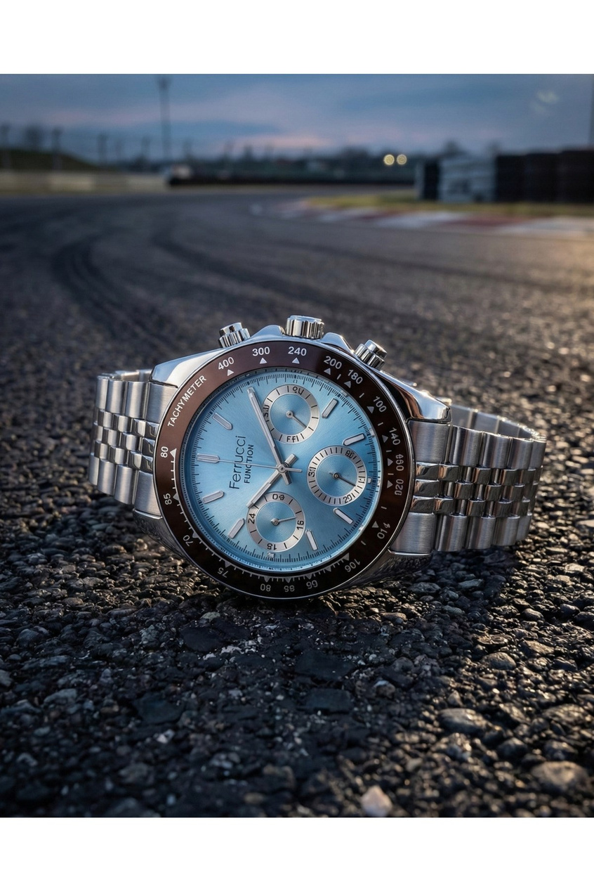 Function Erkek Kol Saati 38 mm Çelik Kordon Mavi Kadran Chronograph Takvim Quartz