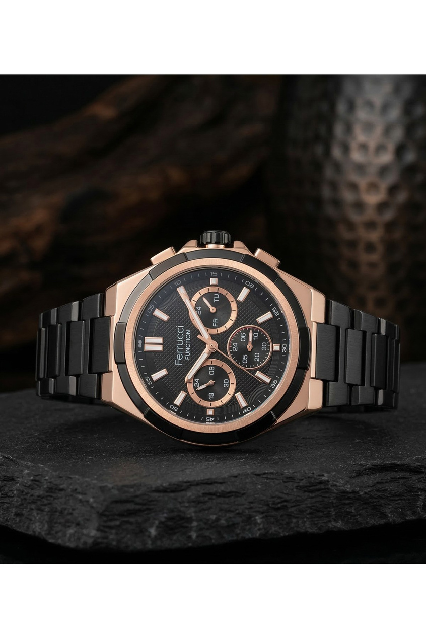 Function Erkek Kol Saati 44 mm Çok Fonksiyonlu Siyah Çelik Kordon Quartz