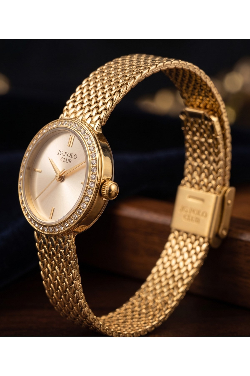 JG Polo Club 26mm Gold Renkli Taş Detaylı Kadın Kol Saati Hasır Kordon 5 ATM
