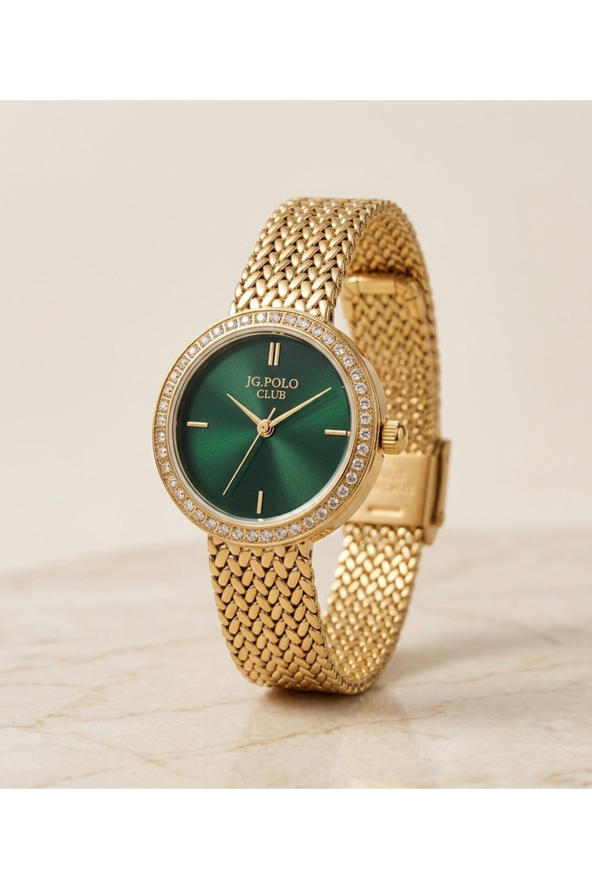 JG Polo Club 26mm Yeşil Kadranlı Gold Renkli Kadın Kol Saati Taşlı Çelik Kordon 5 ATM
