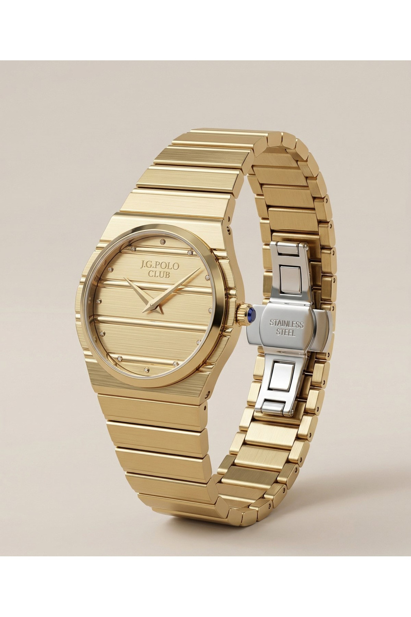 JG Polo Club 28 mm Kadın Kol Saati Gold Renkli Çelik Kordon Katlanır Kilit 5 ATM Şık Saat