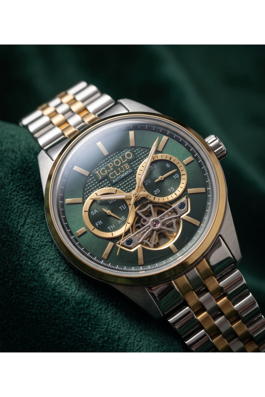JG Polo Club 39 mm Otomatik Erkek Kol Saati Yeşil Kadran Bombeli Cam Mekanizma Görünümlü Çift Renk Çelik Kordon 5 ATM