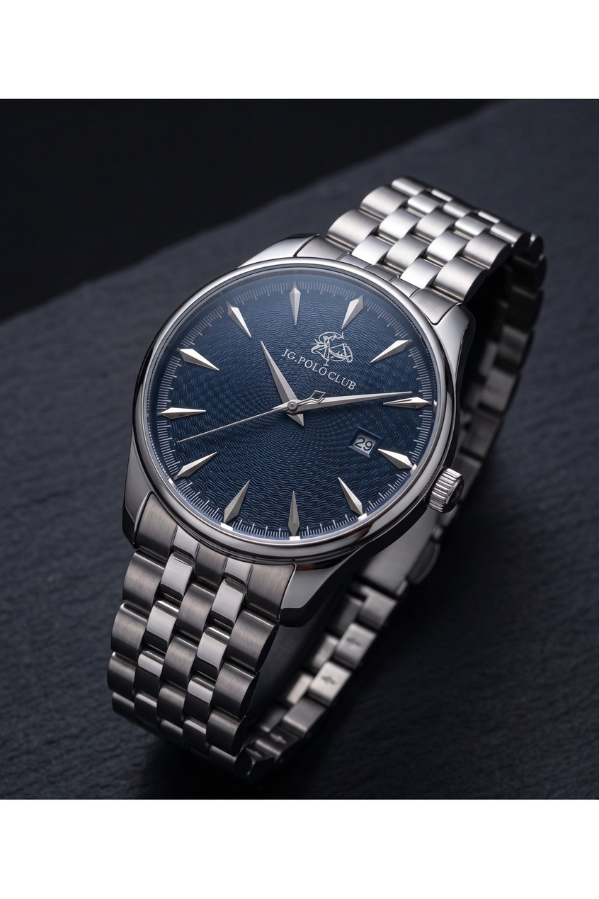 JG Polo Club 42mm Lacivert Kadranlı Erkek Kol Saati Çelik Kordon Klasik Damat Saati 5 ATM
