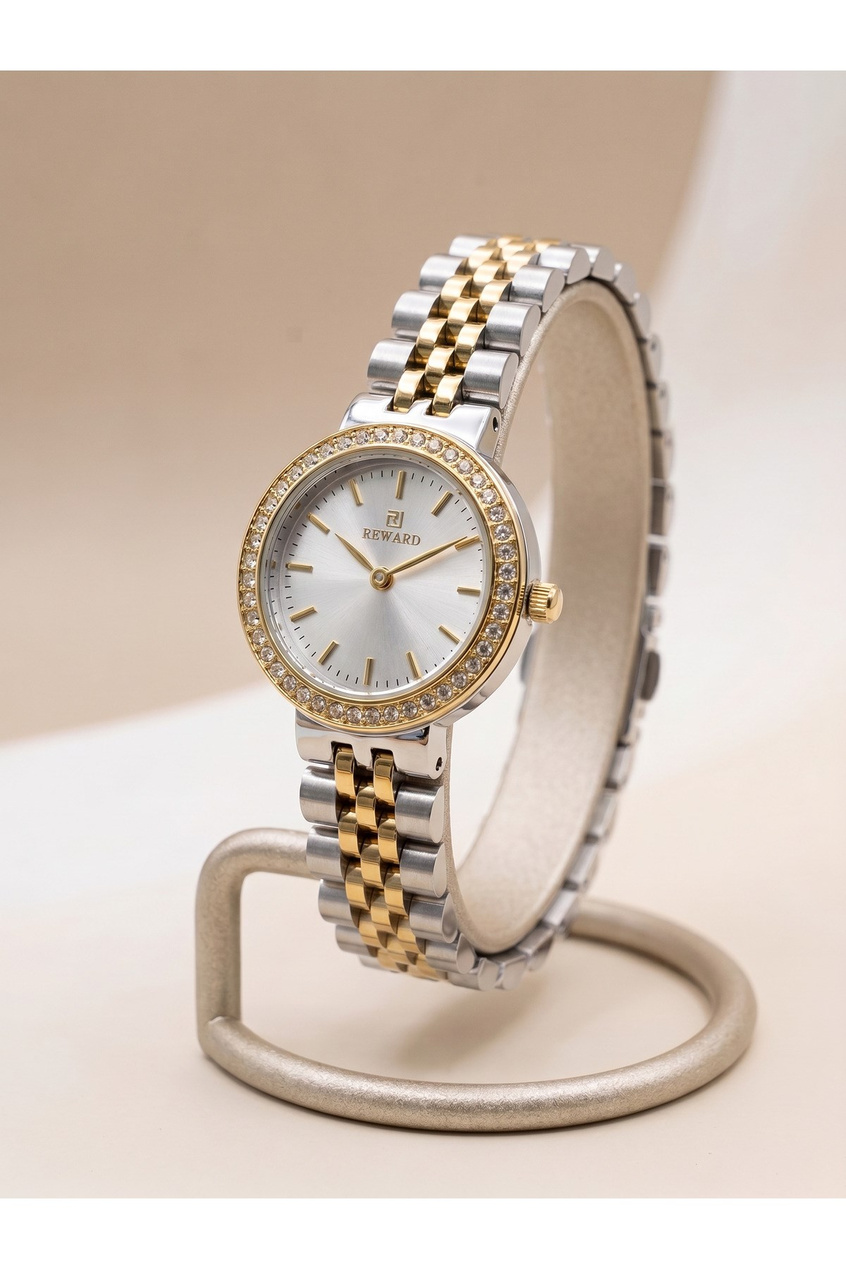 Kadın Kol Saati 24 mm Gold Gümüş Çift Renk Çelik Kordon Taşlı Bezel 5 ATM