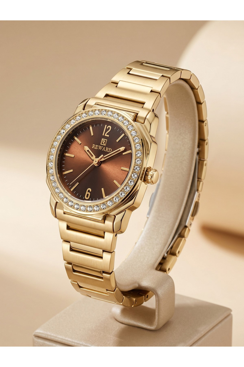 Kadın Kol Saati 28 mm Kahverengi Kadran Taşlı Bezel Gold Renk Çelik