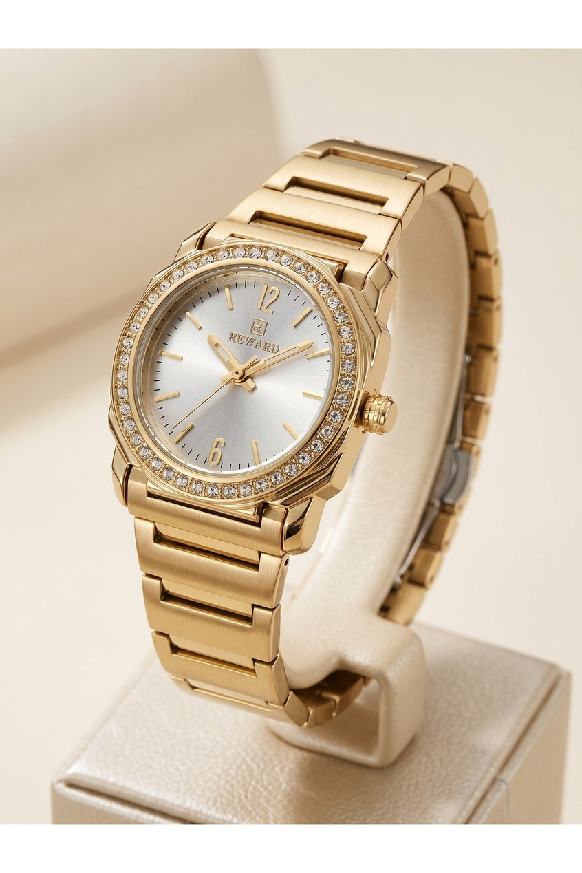 Kadın Kol Saati 28 mm Taşlı Bezel Gold Renk Çelik Gümüş Kadran