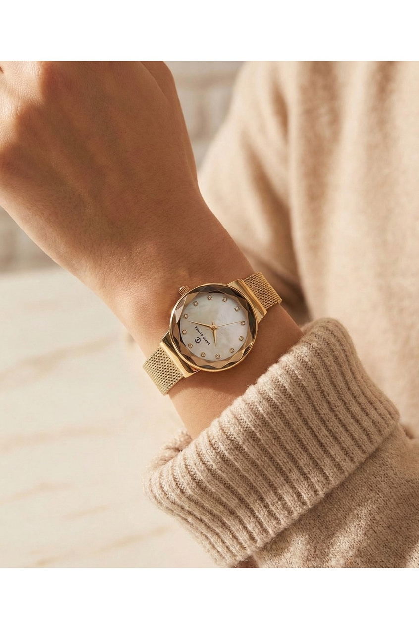 Kadın Kol Saati 34 mm Gold Hasır Kordon Kadran Taşlı Lazer Cam